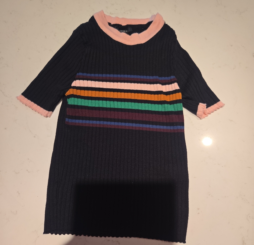 Forever 21 Navy Ribbed Dress with Multicolor Stripes and Pink Trim
